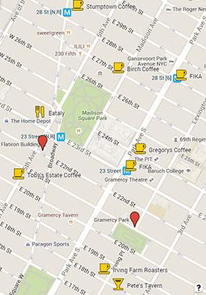 Map of best coffee shops near Flatiron and Gramercy