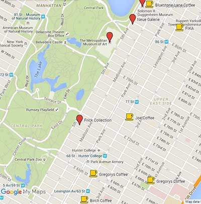 Map of best coffee shops on Upper East Side